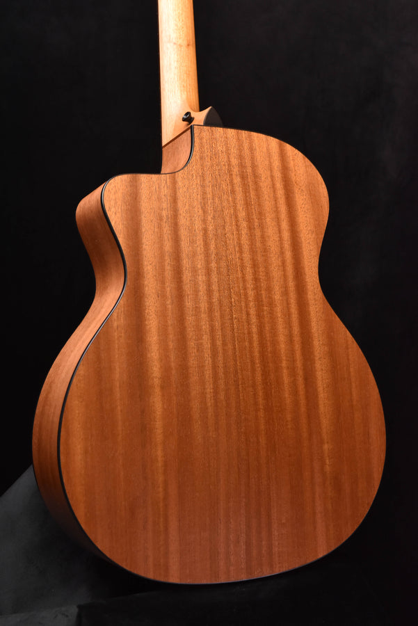 Acoustic guitar back close-up with natural wood grain and side binding.