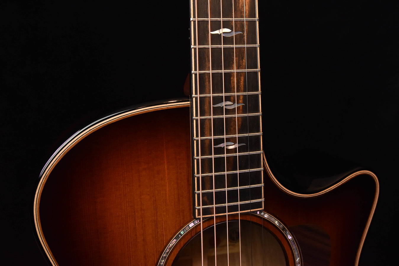 Acoustic guitar neck and upper bout with bound edge and fretboard inlay