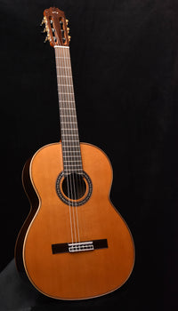 classical guitar with natural wood finish and fretboard, standing upright.