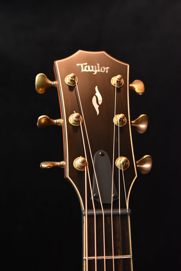 Acoustic guitar headstock with gold tuning machines and Taylor logo