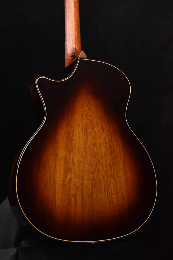 Acoustic guitar back with lighter center grain and arched silhouette