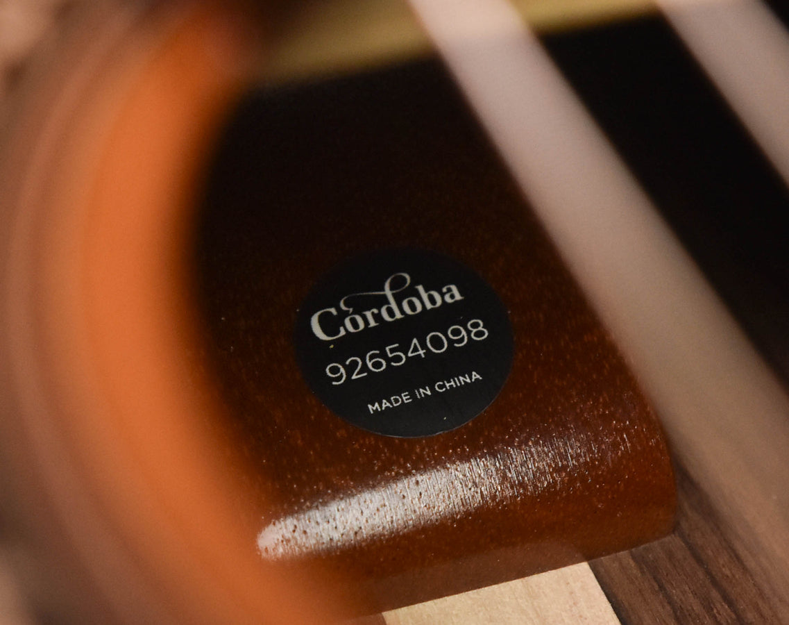 Cordoba serial label on guitar body, reads 926540998, made in China.