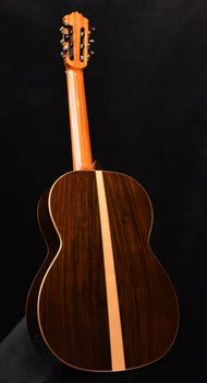 classical guitar back view with natural wood grain and central light seam strip.