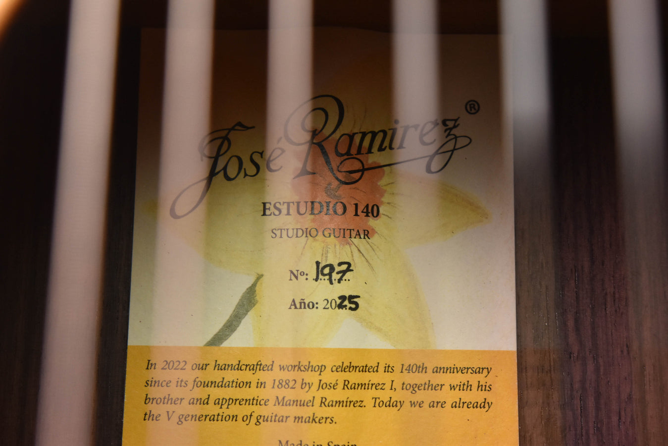 Classical guitar label with Jose Ramirez Studio 140 and handwritten number 197