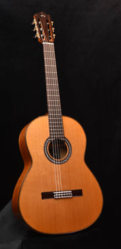 cordoba parlor classical guitar with cedar-colored body and rosette around sound hole