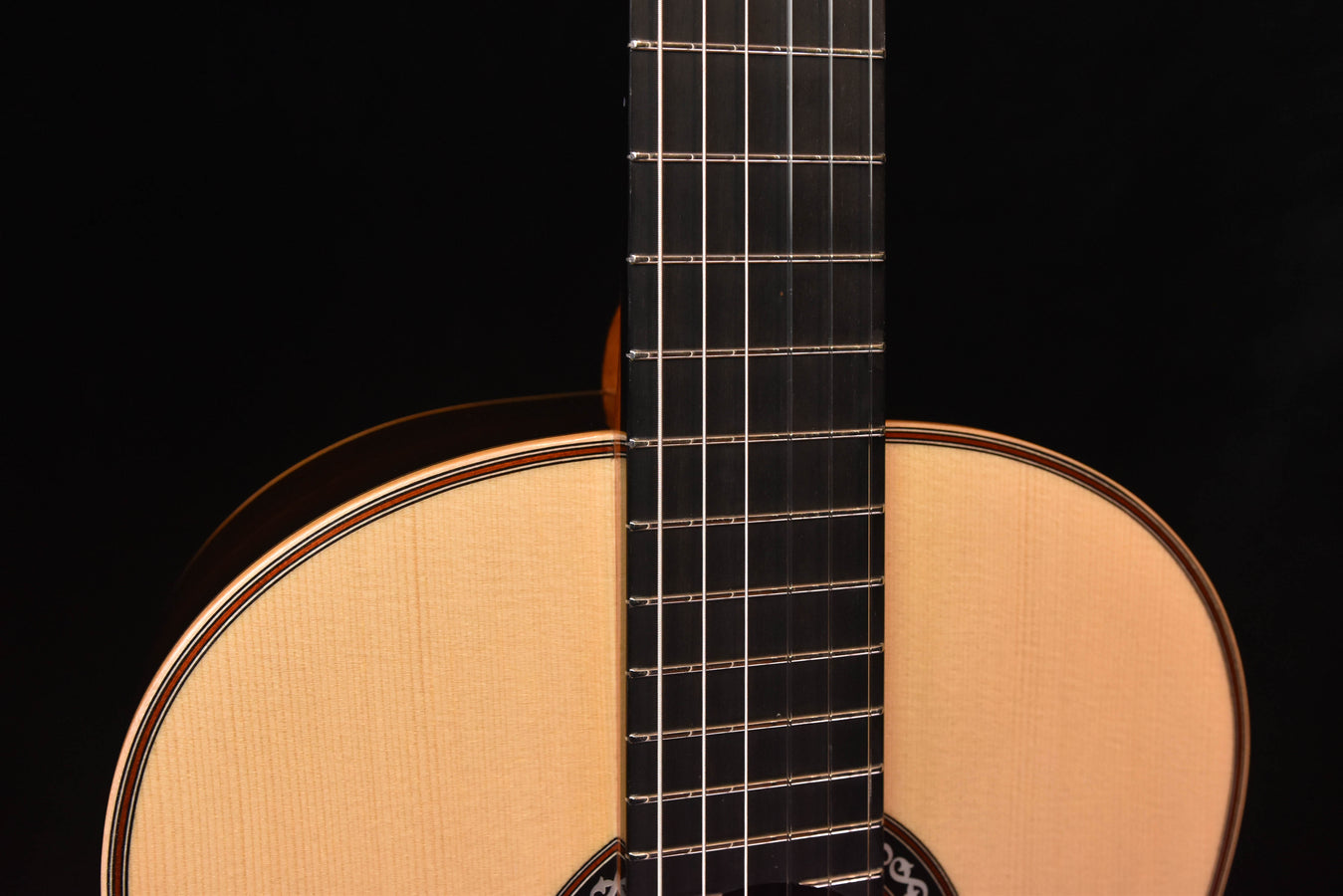 Classical guitar top edge and soundboard with strings and rosette trim