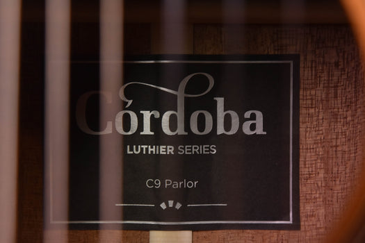 cordoba luthier series c9 parlor label on guitar interior