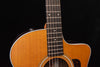 Acoustic guitar neck and frets above honeyburst sound hole