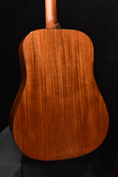back view acoustic guitar body showing wood grain and center seam