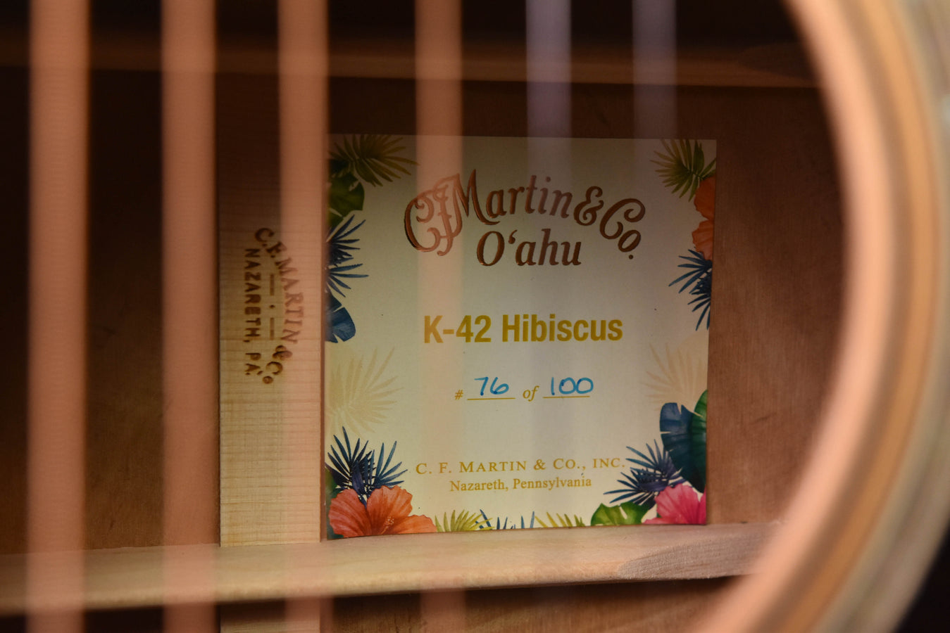 Martin O'ahu K-42 Hibiscus guitar box label with hibiscus artwork and model text