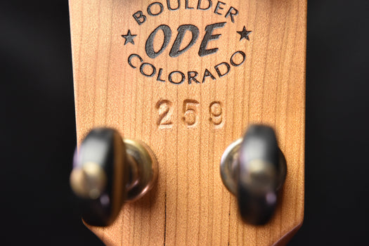 headstock with 'boulder ode colorado 259' text and metal tuning pegs