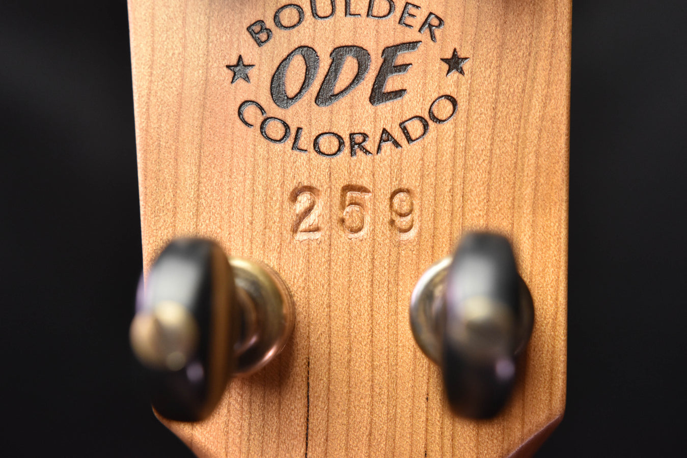 Headstock with 'Boulder ODE Colorado 259' text and metal tuning pegs