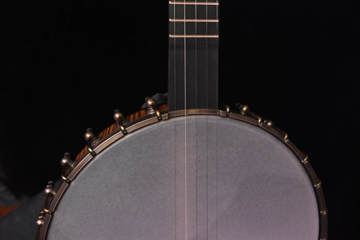 open-back banjo neck and strings over gray drumhead with gold-toned rim hooks