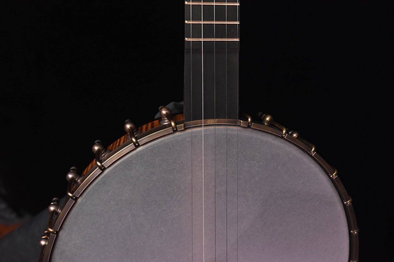 Open-back banjo neck and strings over gray drumhead with gold-toned rim hooks
