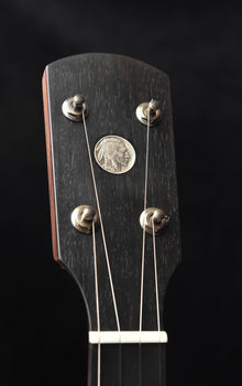 banjo headstock close-up with dark wood, four tuning pegs, and strings