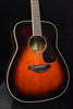 FG830 TBS sunburst acoustic guitar, close front view of body, sound hole, and pickguard