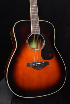 fg830 tbs sunburst acoustic guitar, close front view of body, sound hole, and pickguard