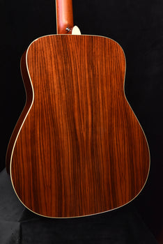 fg830 natural acoustic guitar back view, detailed wood grain pattern and binding edge