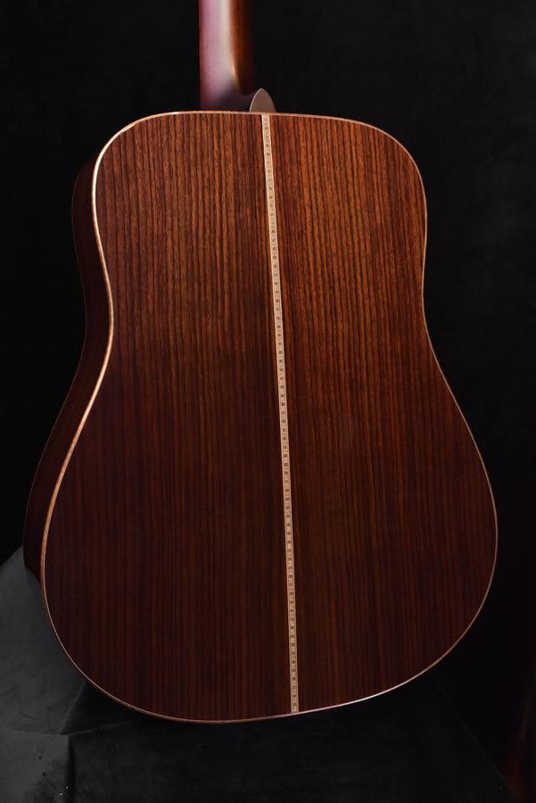 Acoustic guitar back view with dark wood grain and decorative binding along edges