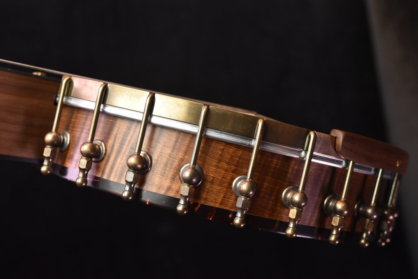 Banjo tuning pegs and strings with chrome hardware along the walnut neck