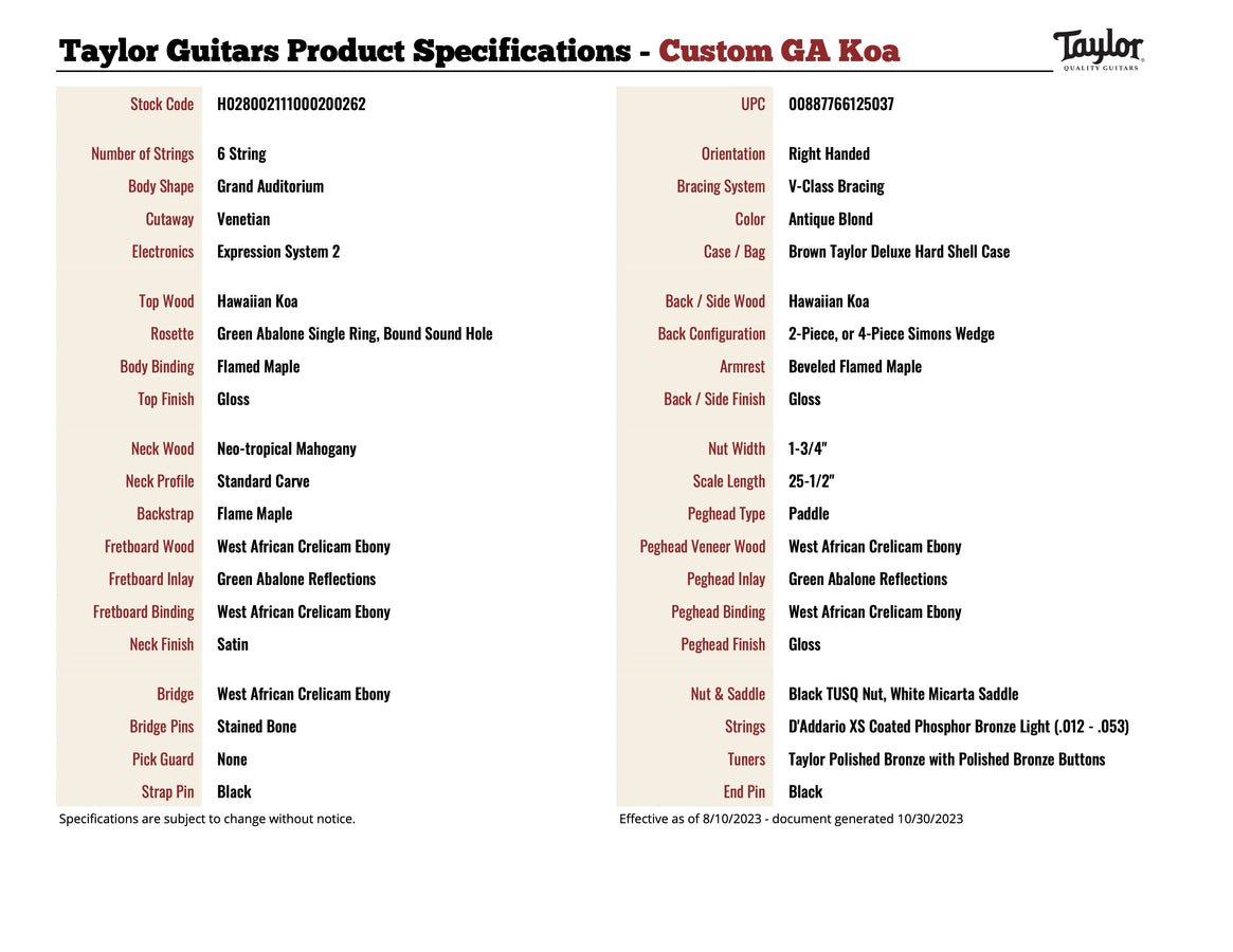 Taylor Custom GA All Koa Acoustic Guitar