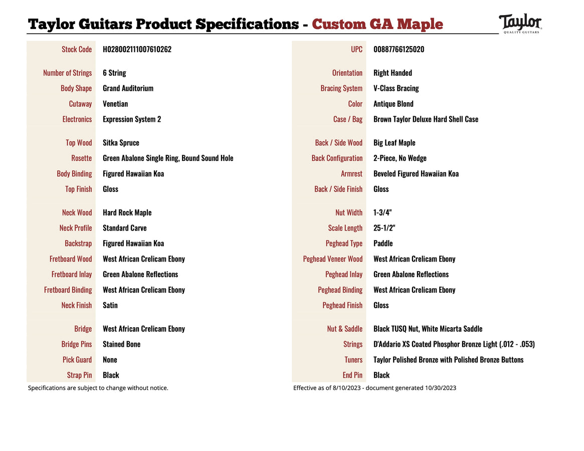 Taylor Custom Grand Auditorium Big leaf Maple/ Bearclaw Sitka Spruce