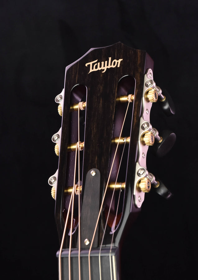 Koa acoustic guitar headstock with Taylor logo and gold tuning machine details