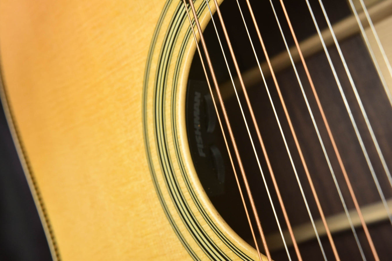 Close-up of strings and soundhole with layered rosette rings