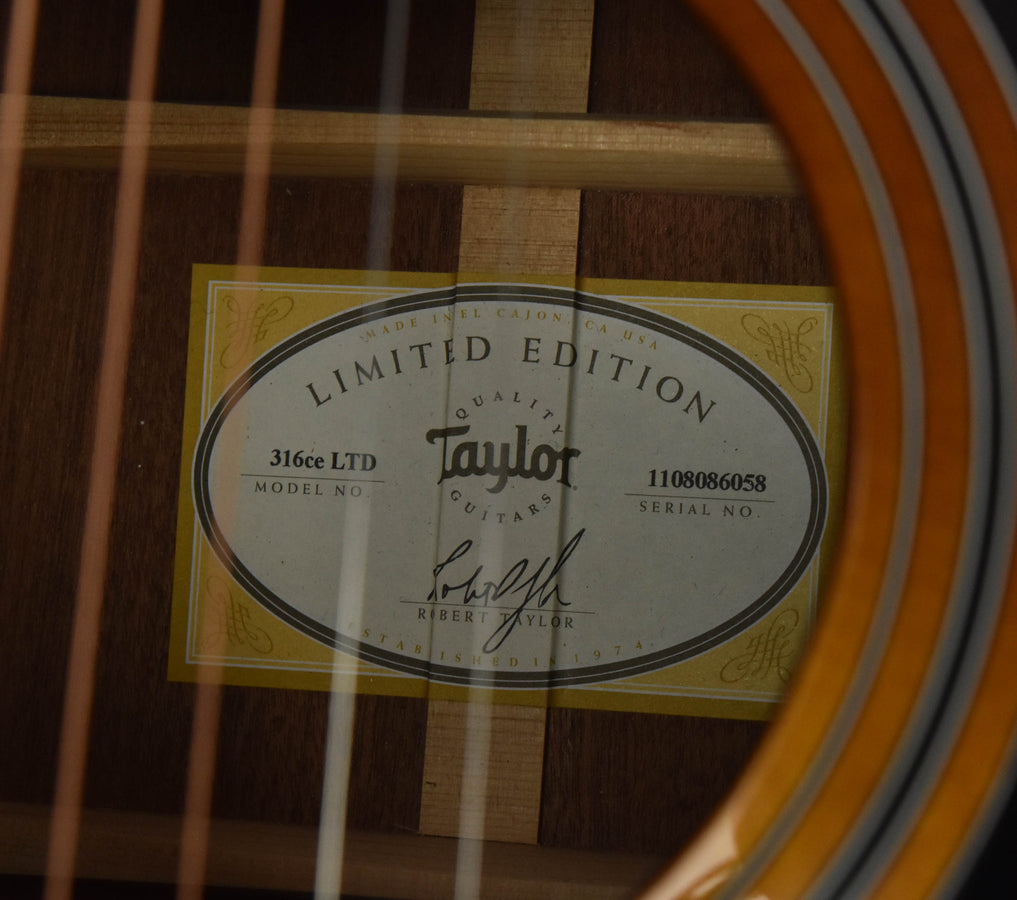 Taylor guitar serial label inside body view, Limited Edition 316ce LT