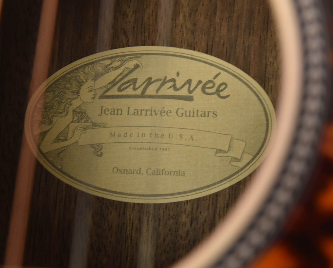 Headstock wood brand label: Larrivée Jean Larrivée Guitars, made in the U.S.A.
