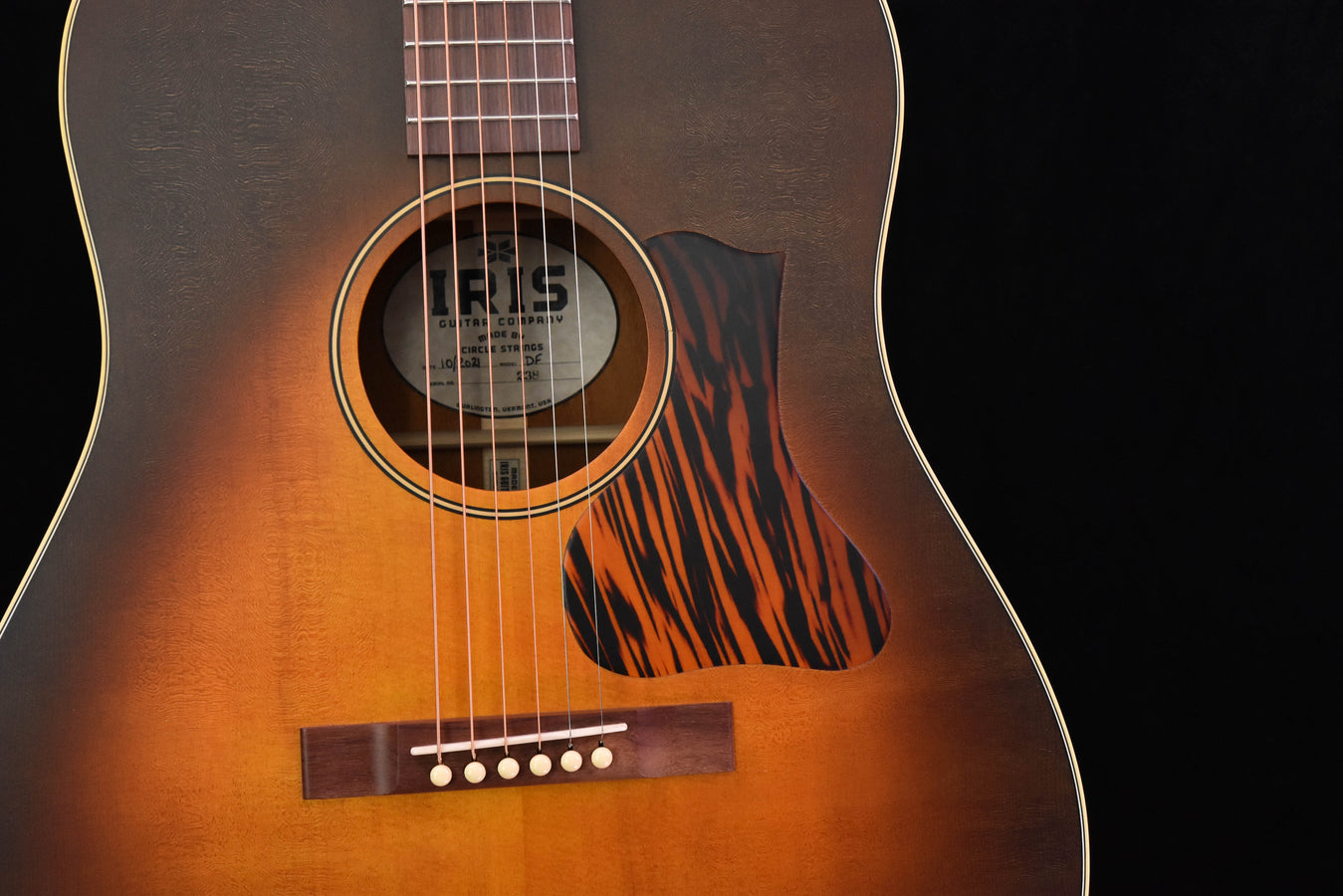 Nahaufnahme: Schallloch mit Label und Zebra-Look Pickguard der DF Smeck Burst