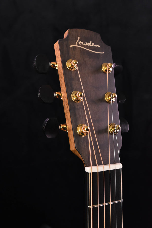 Lowden F50 headstock and tuning pegs, dark wood back with natural light trim