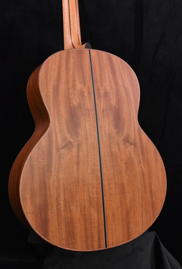 Lowden F50 full back view with natural wood grain and center seam down body