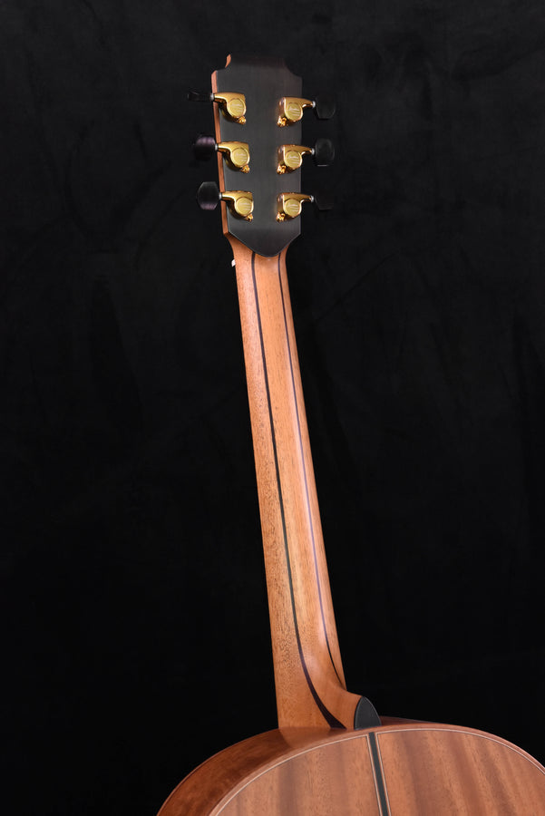 Guitar headstock with gold tuning pegs and dark fingerboard