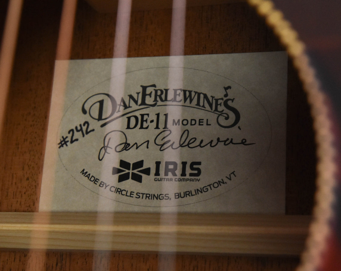 DE-11 brand label on headstock reading “DE-11 Model” and Iris