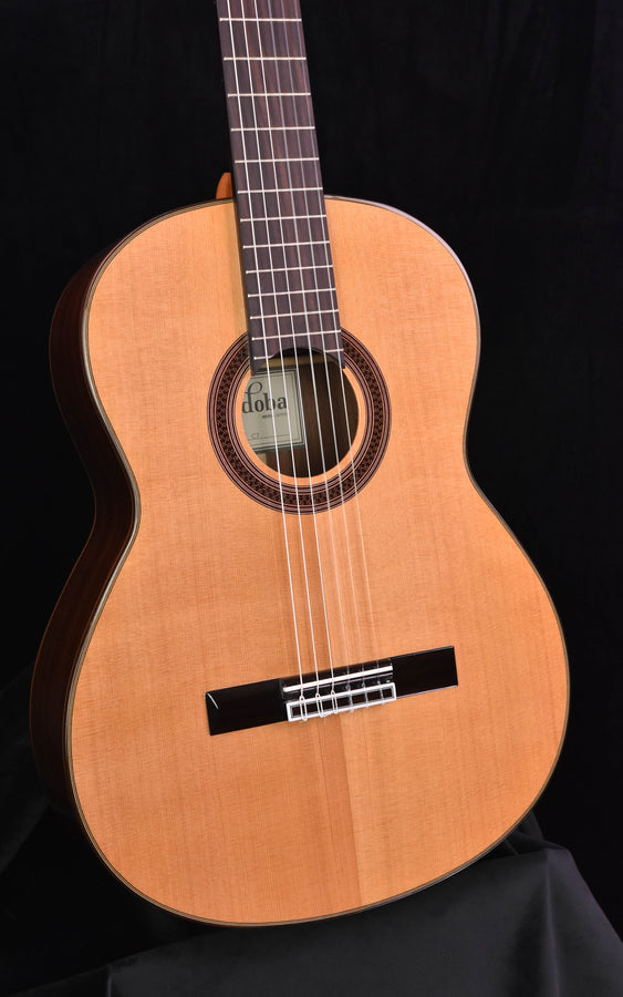 Cedar top classical guitar, centered front view showing rosette and bridge