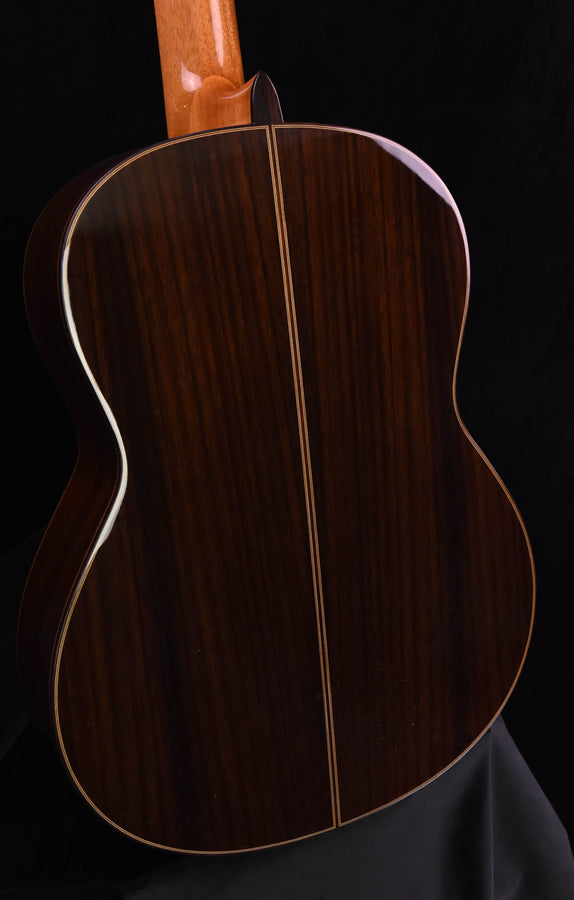 Classical guitar back close-up with center seam and dark wood grain