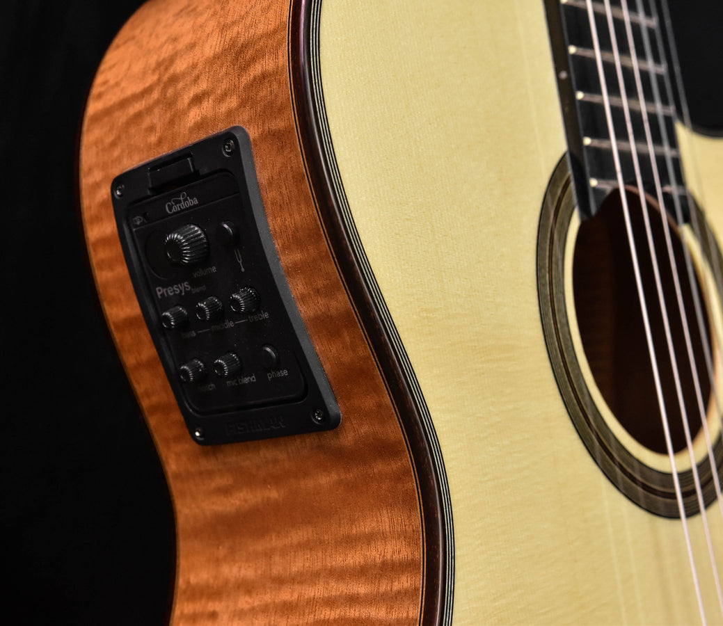 Pickup control panel on Cordoba Fusion 12 acoustic cutaway guitar body