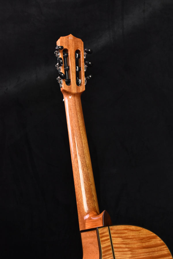 Neck and headstock of Cordoba Fusion cutaway nylon guitar with maple finish