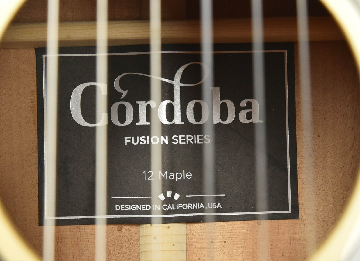 Fusion Series 12 Maple label on the guitar soundboard