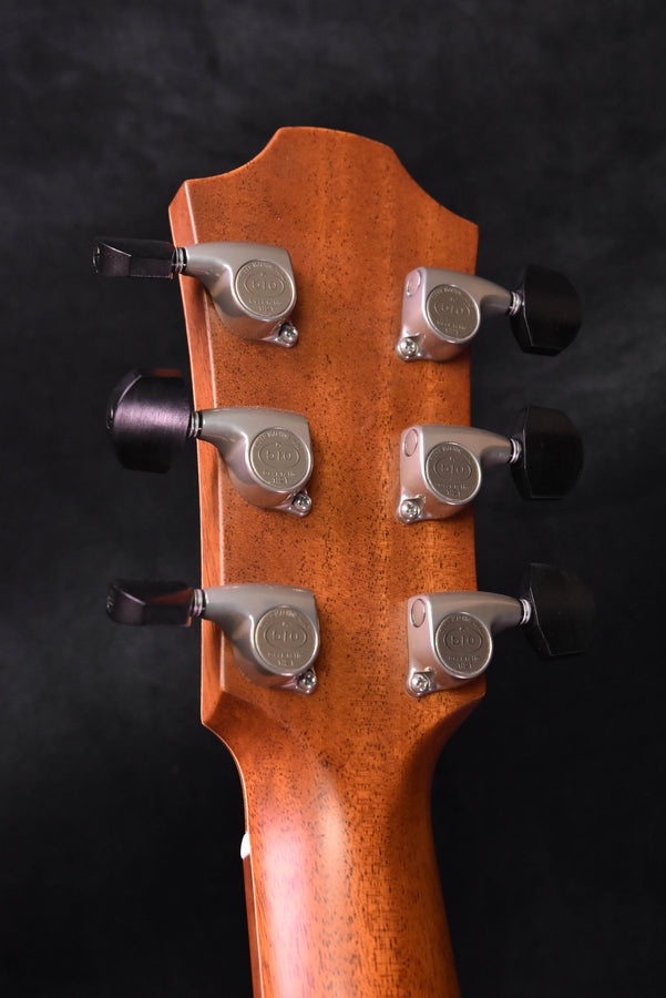 Acoustic guitar headstock close-up showing tuning pegs and logo