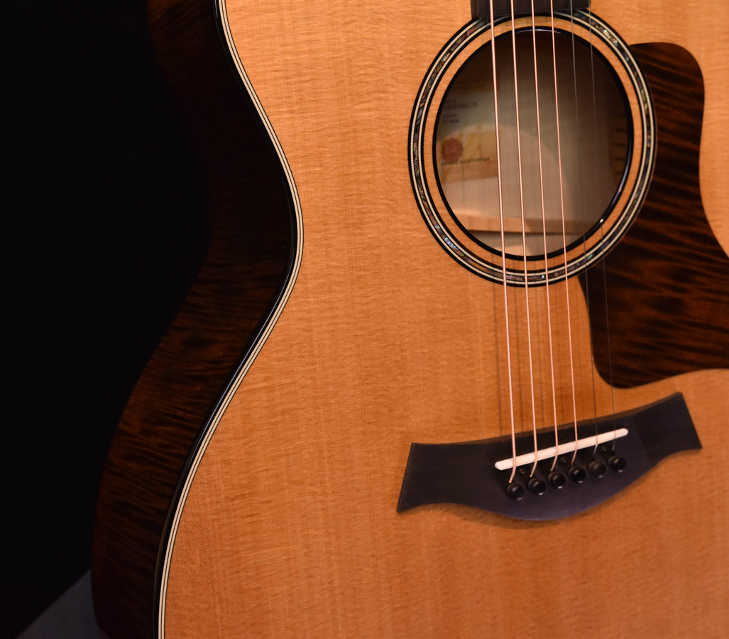 Acoustic guitar soundhole with multi-ring rosette and bridge with black pickguard