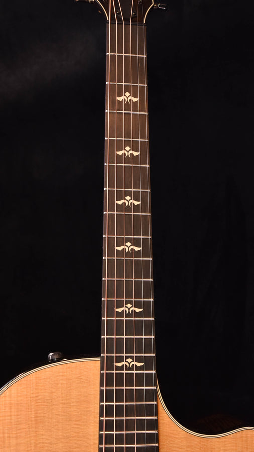 Acoustic guitar fretboard with white dot markers and V-shaped inlays