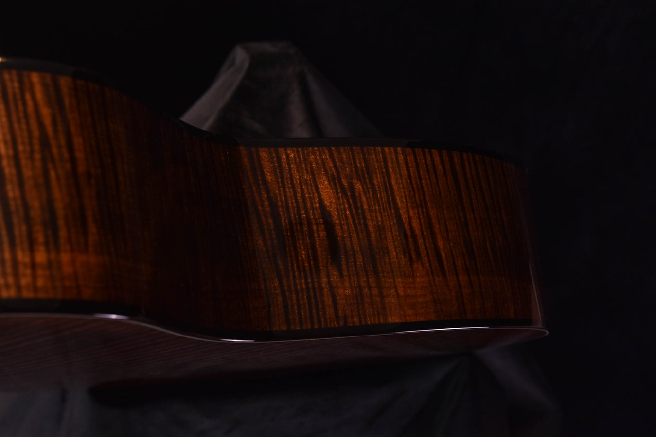 Acoustic guitar back with dark wood grain and curved contour
