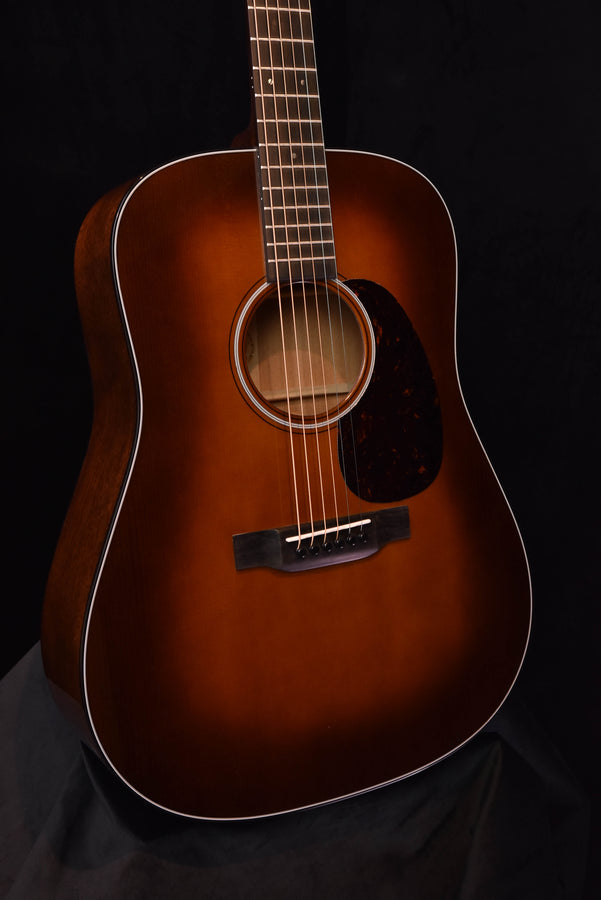 Martin D-18 Ambertone acoustic guitar close view of top, bridge, and rosette