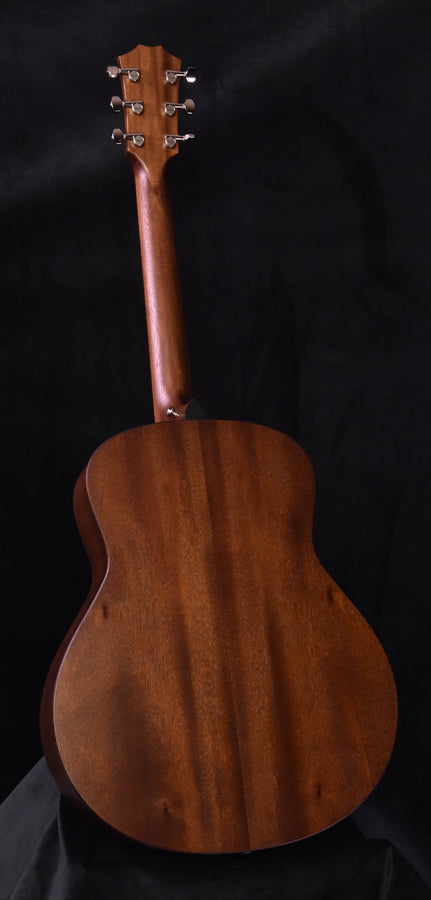 Mahogany grand theater acoustic guitar, back view with neck and tuning machine