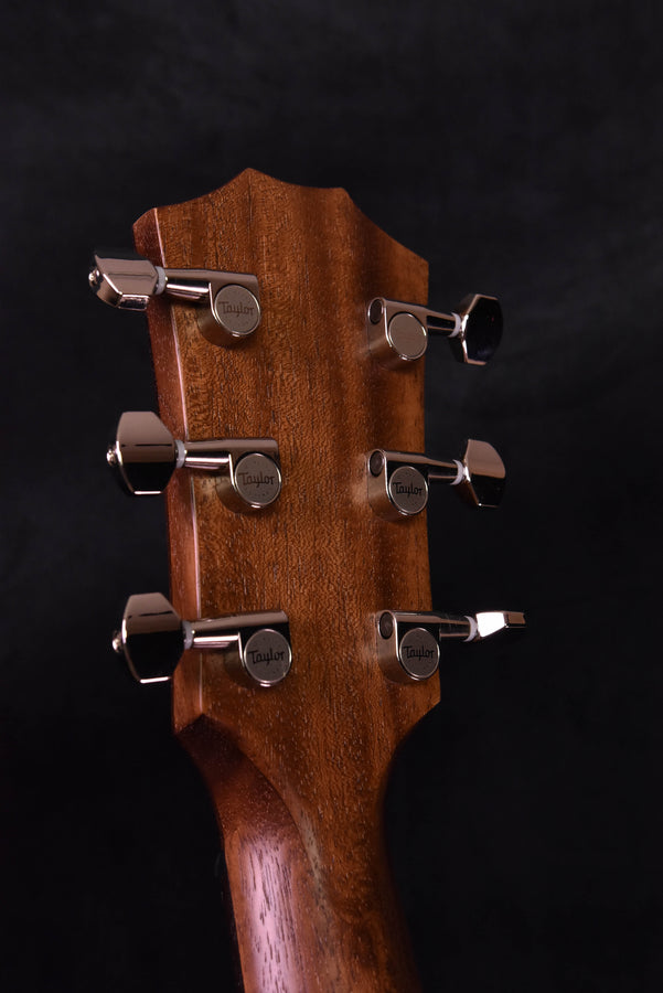 Mahogany Grand Theater guitar headstock with chrome tuning pegs