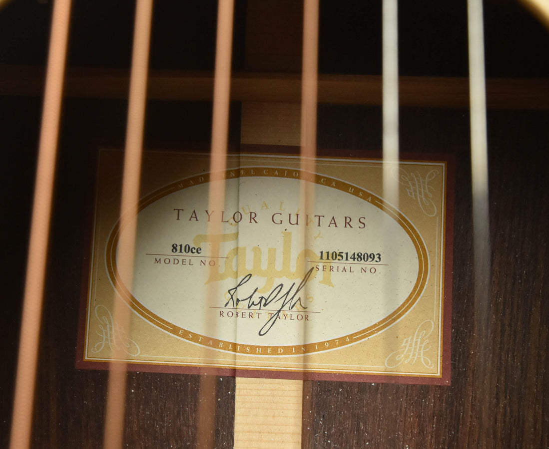 Taylor Guitars 810ce label with serial 1105148093 on neck