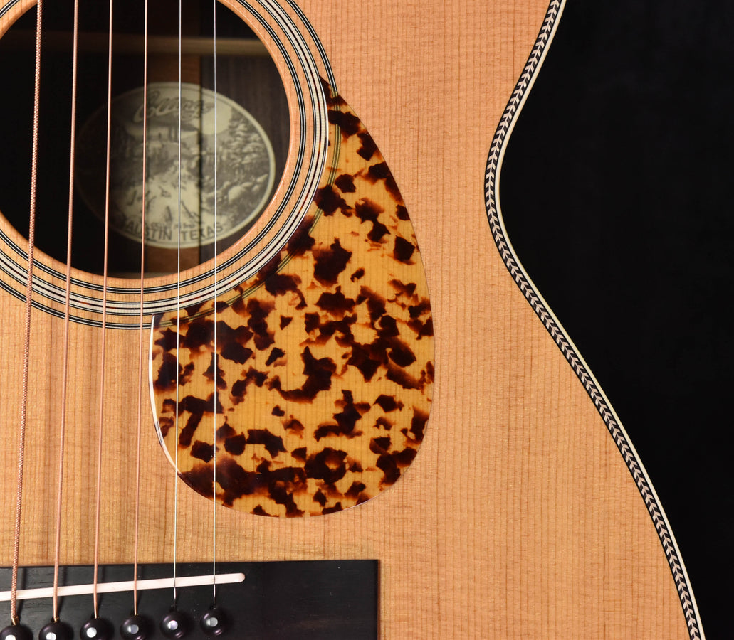 Acoustic guitar sound hole close-up with light top, tortoiseshell pickguard, and strings