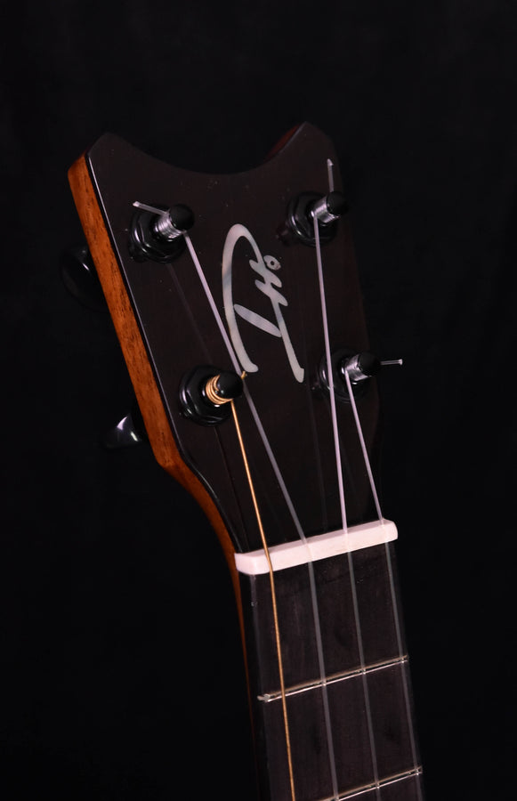 Tenor ukulele headstock close-up with tuning machines and branding